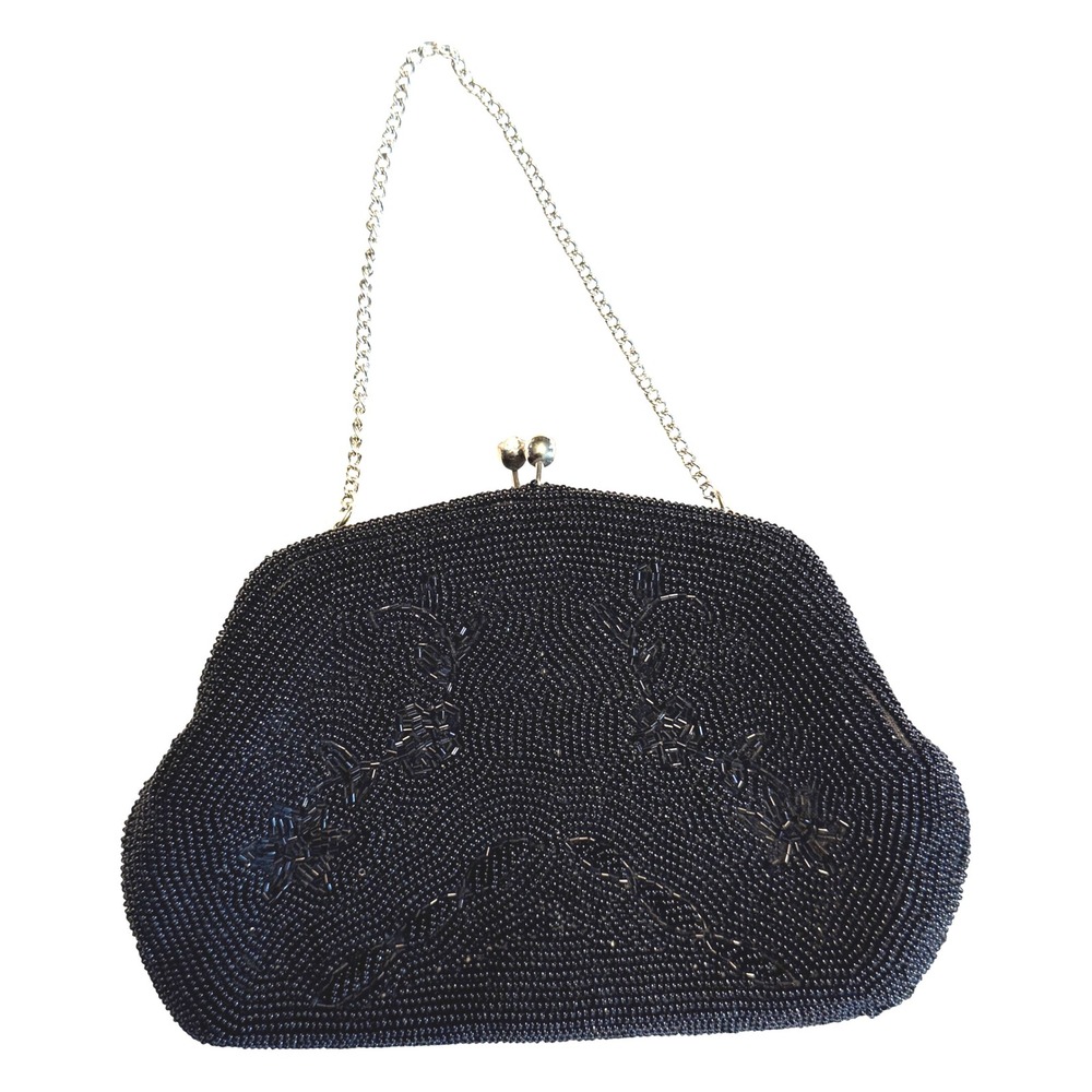 Vintage Made in Japan Black Beaded‎ Evening Purse Rhinestone Clasp Chain Handle